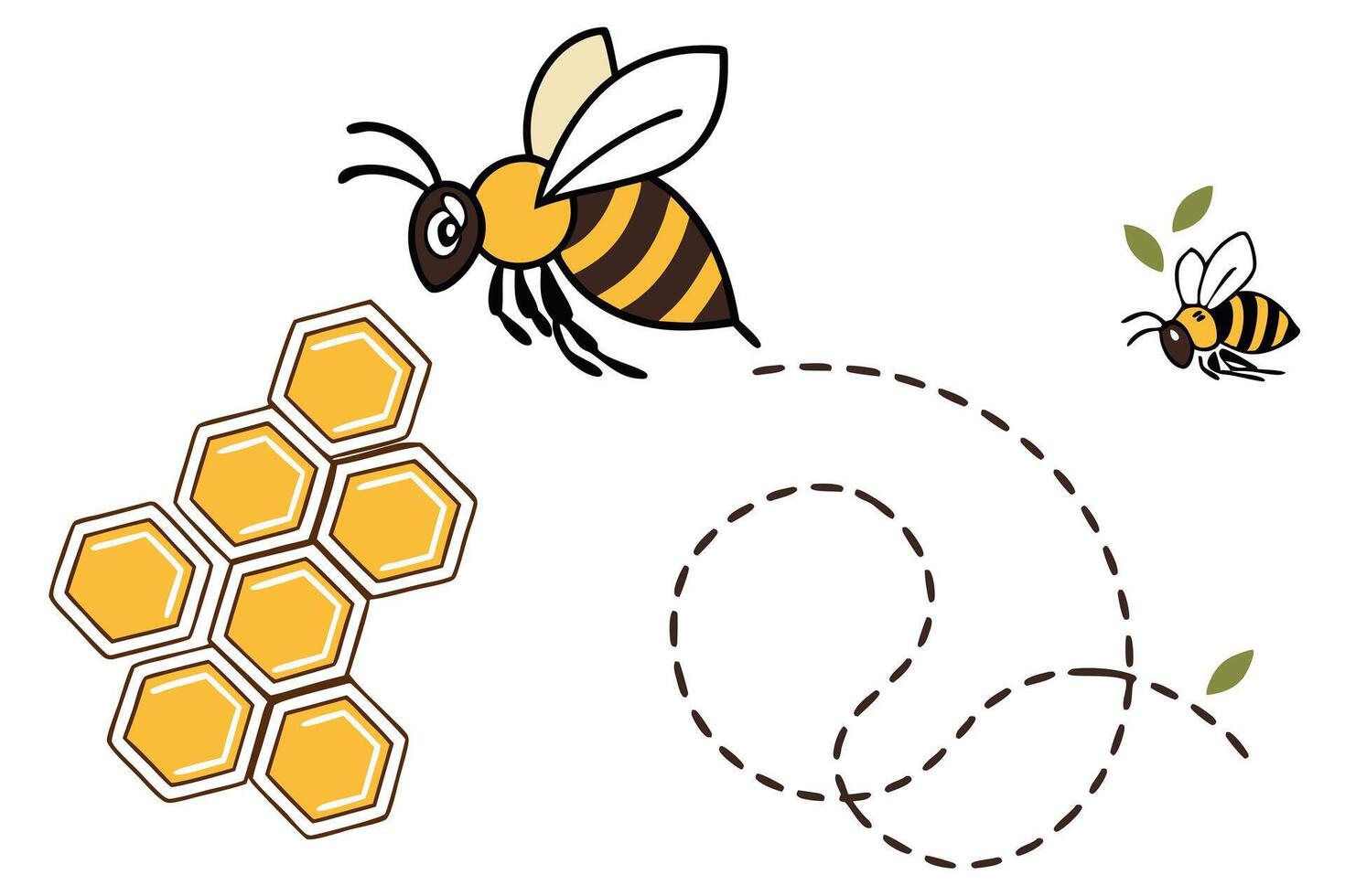 Cartoon Bee Flying with Honeycomb, Dashed Path, Small Bee with Leaves on White vector
