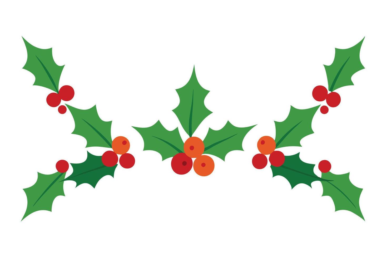 Holly Berry Leaves Festive Decoration with Red and Orange Berries on White vector
