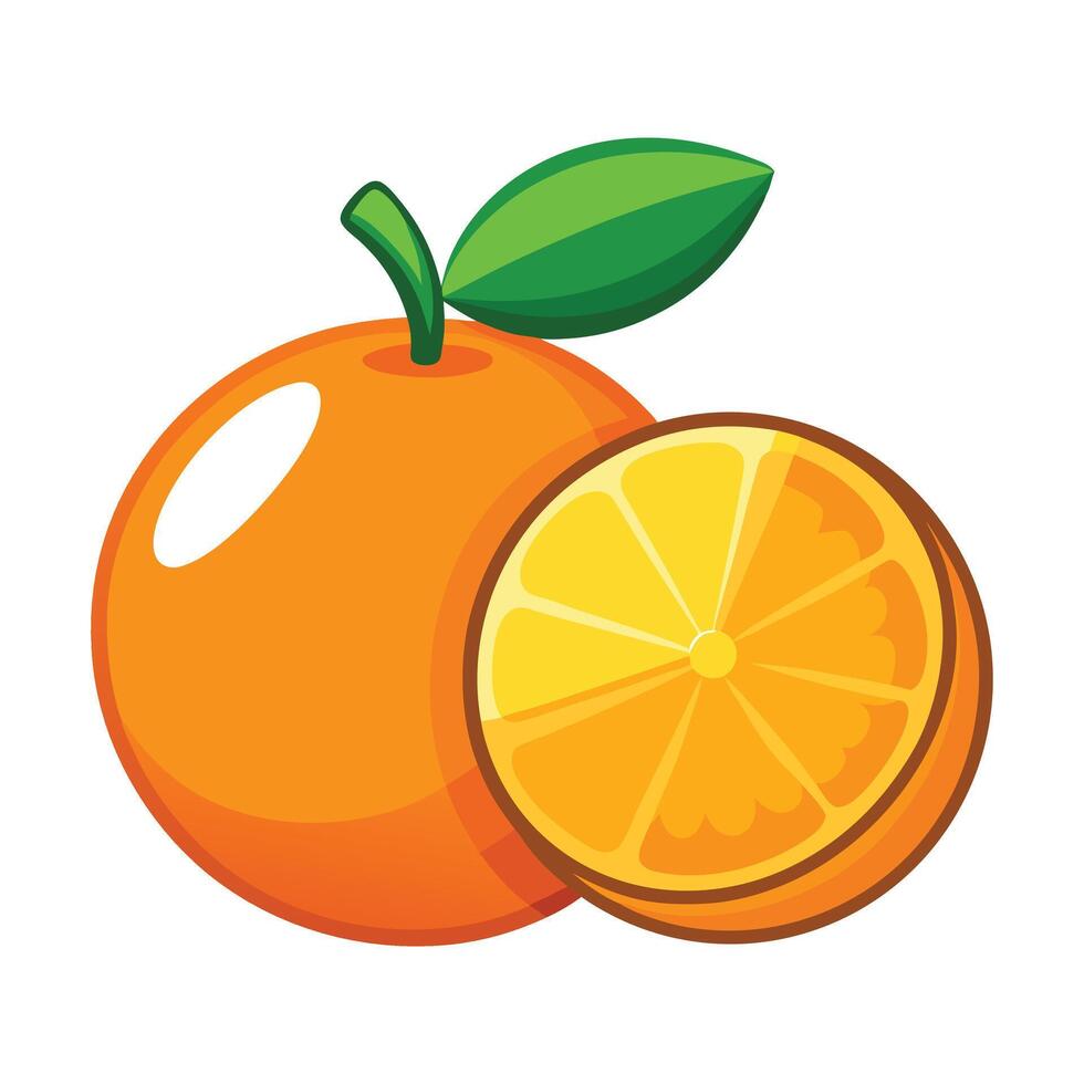 Orange Fruit Cartoon with Leaf and Slice Citrus on White Background vector
