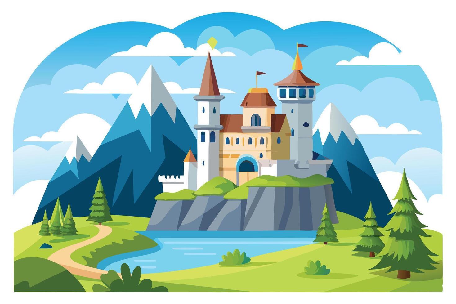 Fairy Tale Cartoon Castle on Cliff with Mountains, Clouds, and Forest vector