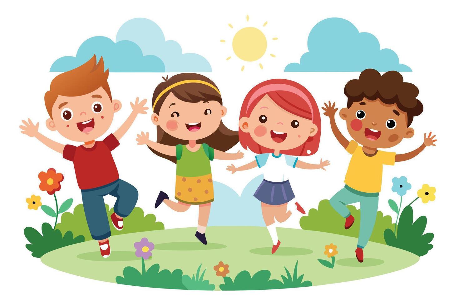 Diverse Cartoon Kids Joyfully Jumping Outside on Green Grass with Flowers, Sun, Clouds vector