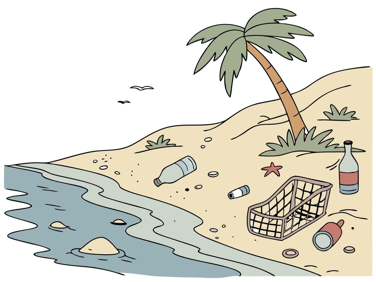 Polluted Beach Sand with Plastic Waste, Palm Tree, Starfish and Turquoise Sea vector