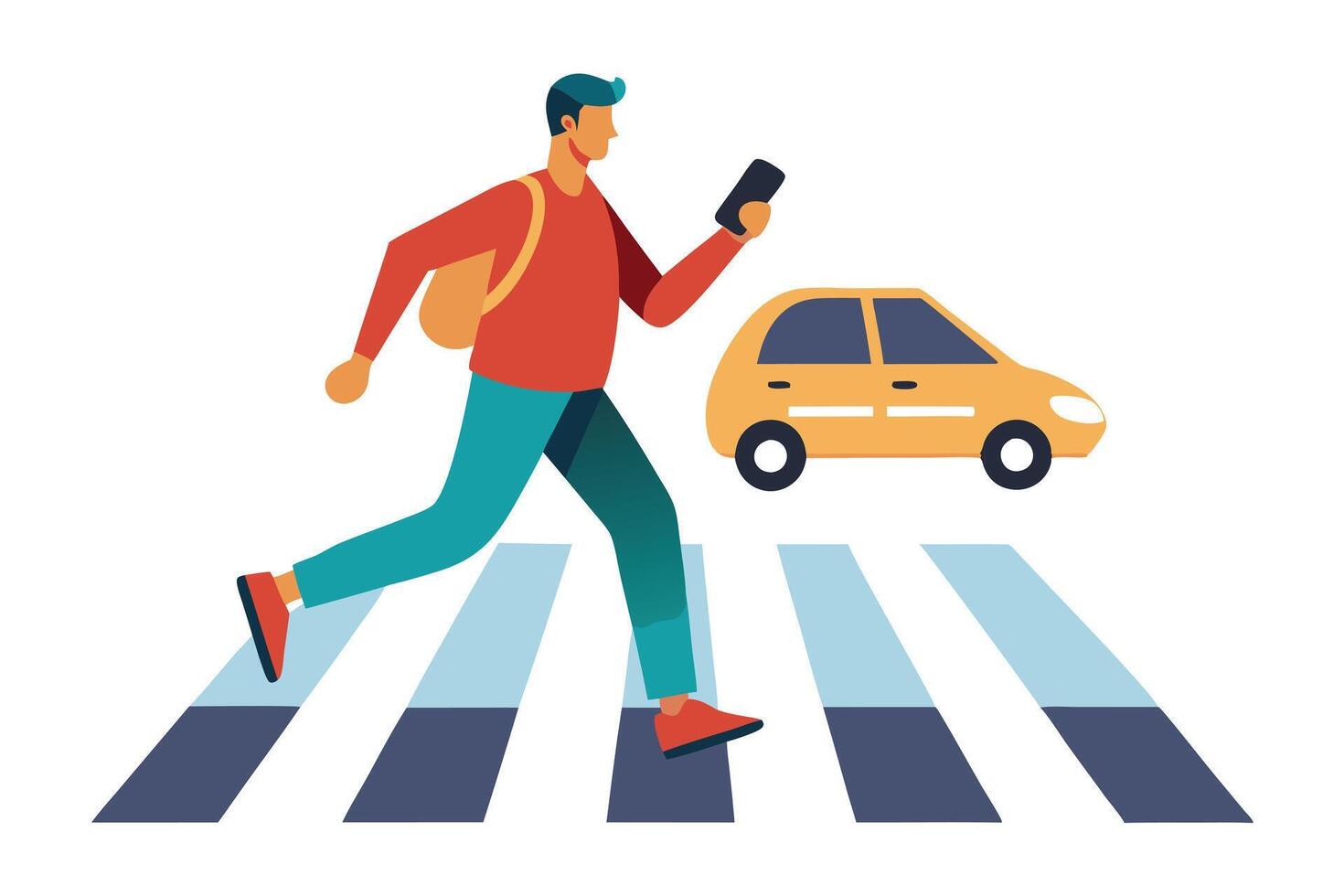 Cartoon Man Runs on Zebra Crossing with Phone and Yellow Car on White vector