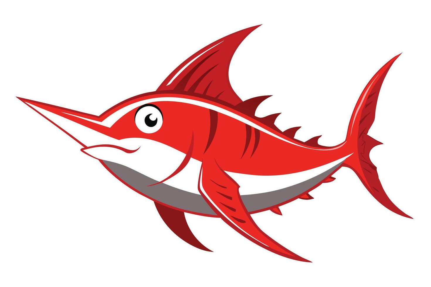 Red Swordfish Cartoon with Fins, Sharp Bill, and White Background vector