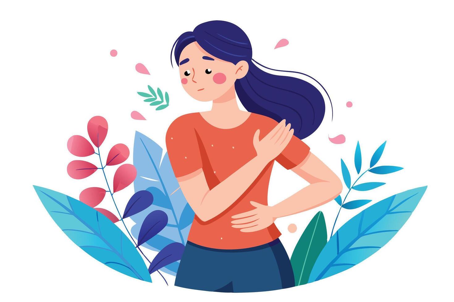 Cartoon Woman Embracing Self with Floral Accent on White, Tranquil, Calm vector