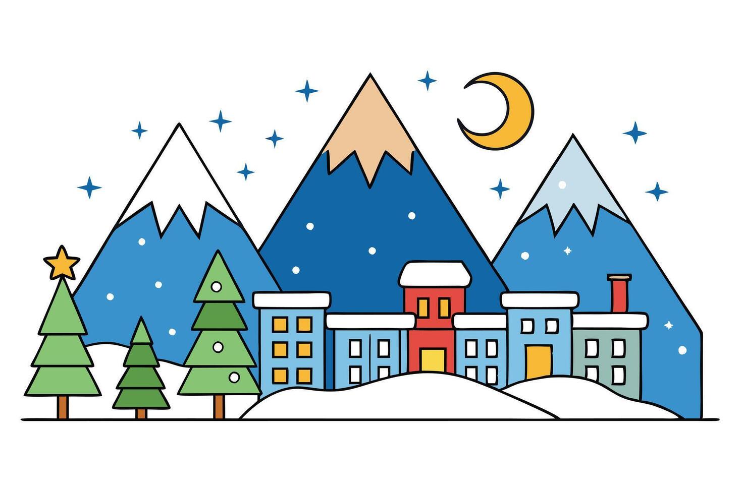 Cartoon Mountain Town with Snow Covered Houses, Crescent Moon, Stars and Trees vector