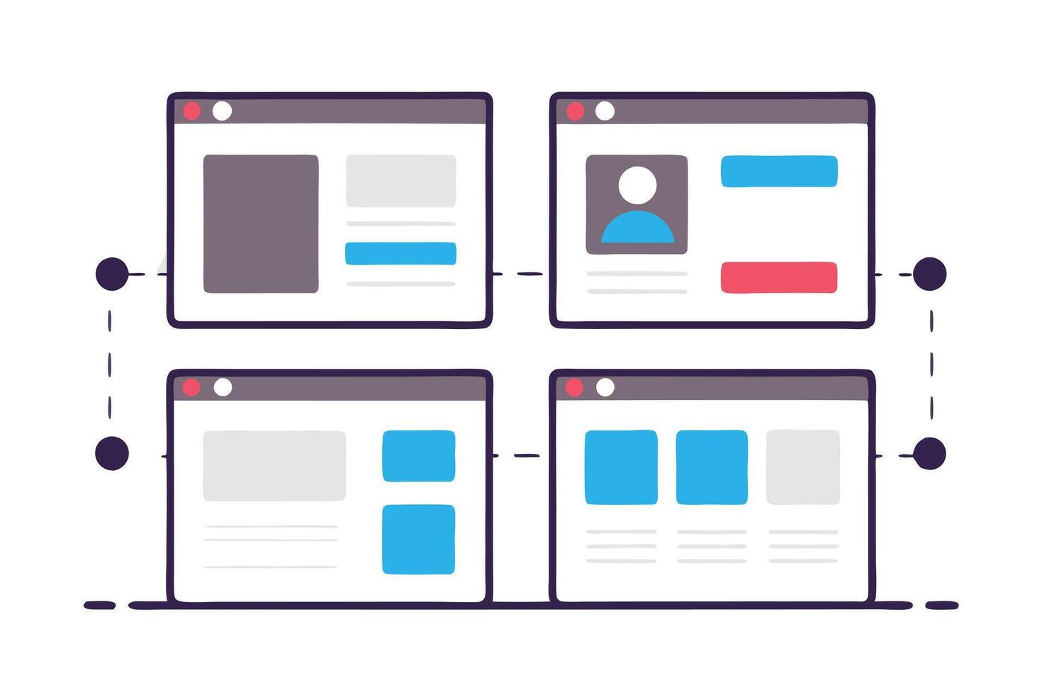 Flat Website Wireframes with Connected Nodes on Transparent Background vector