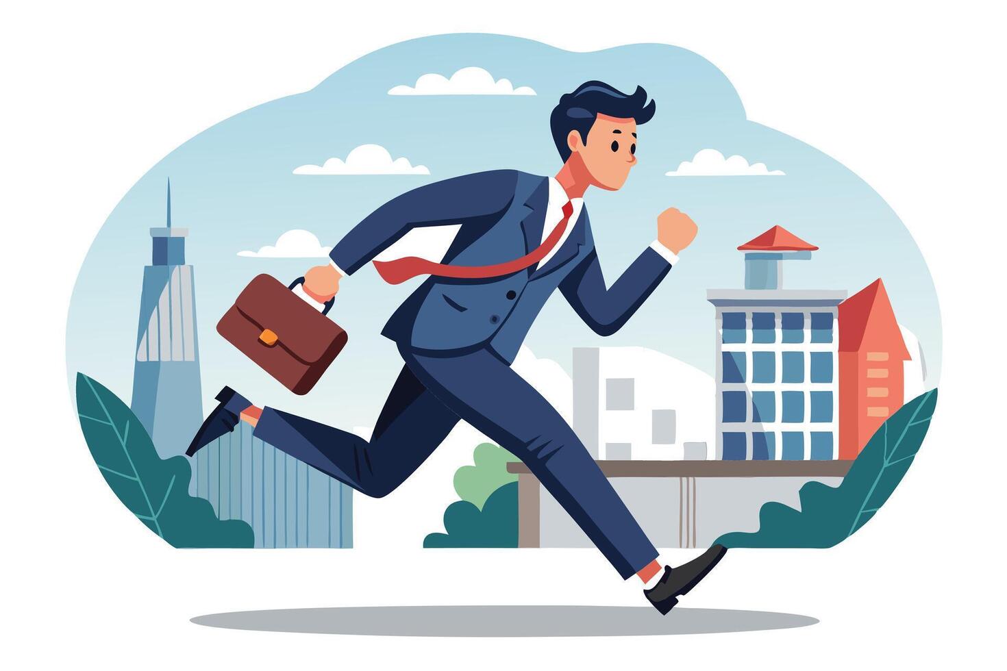 Cartoon Businessman Running with Briefcase in Cityscape Blue Suit Red Tie vector