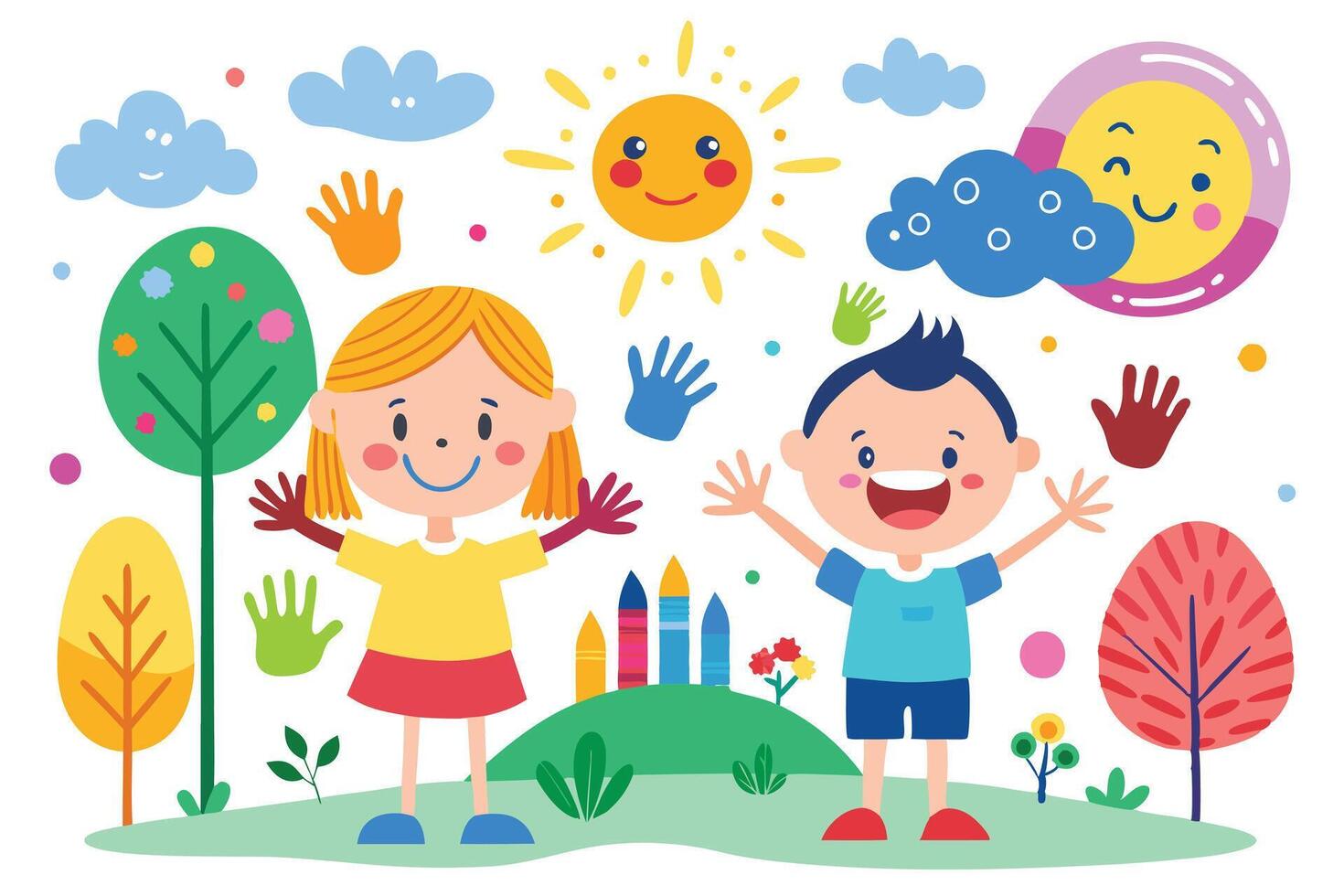 Cheerful Boy and Girl with Hands Up, Smiling Sun, Clouds, Trees on White Background vector