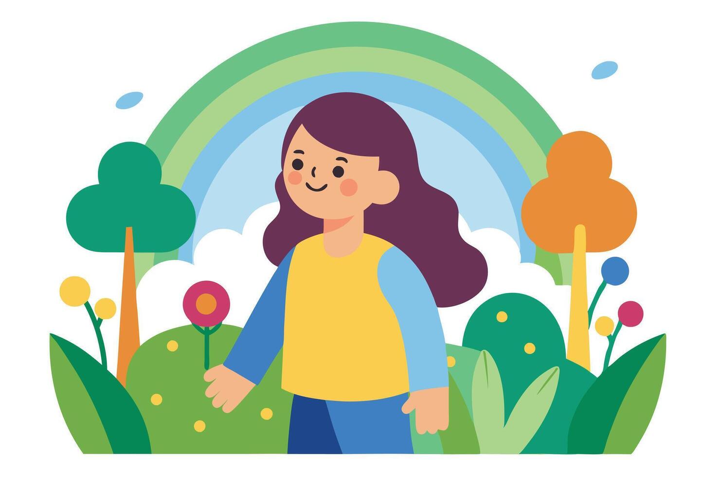 Cheerful Girl with Rainbow Trees and Flowers in Cartoon Style on White Background vector