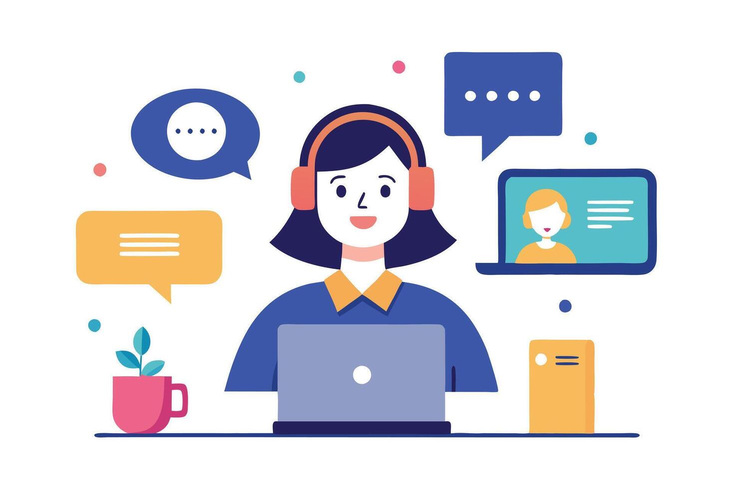 Woman with Headphones Using Laptop Surrounded by Communication Icons in Flat Design vector