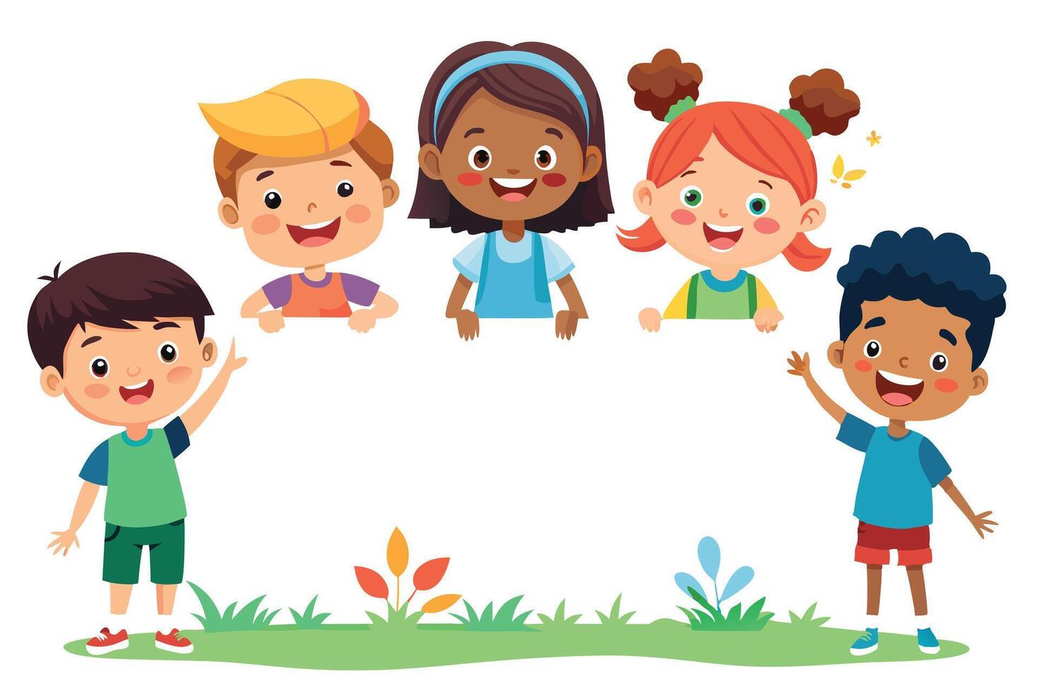 Cheerful Multicultural Kids Holding White Sign on Grass with Transparent Background vector