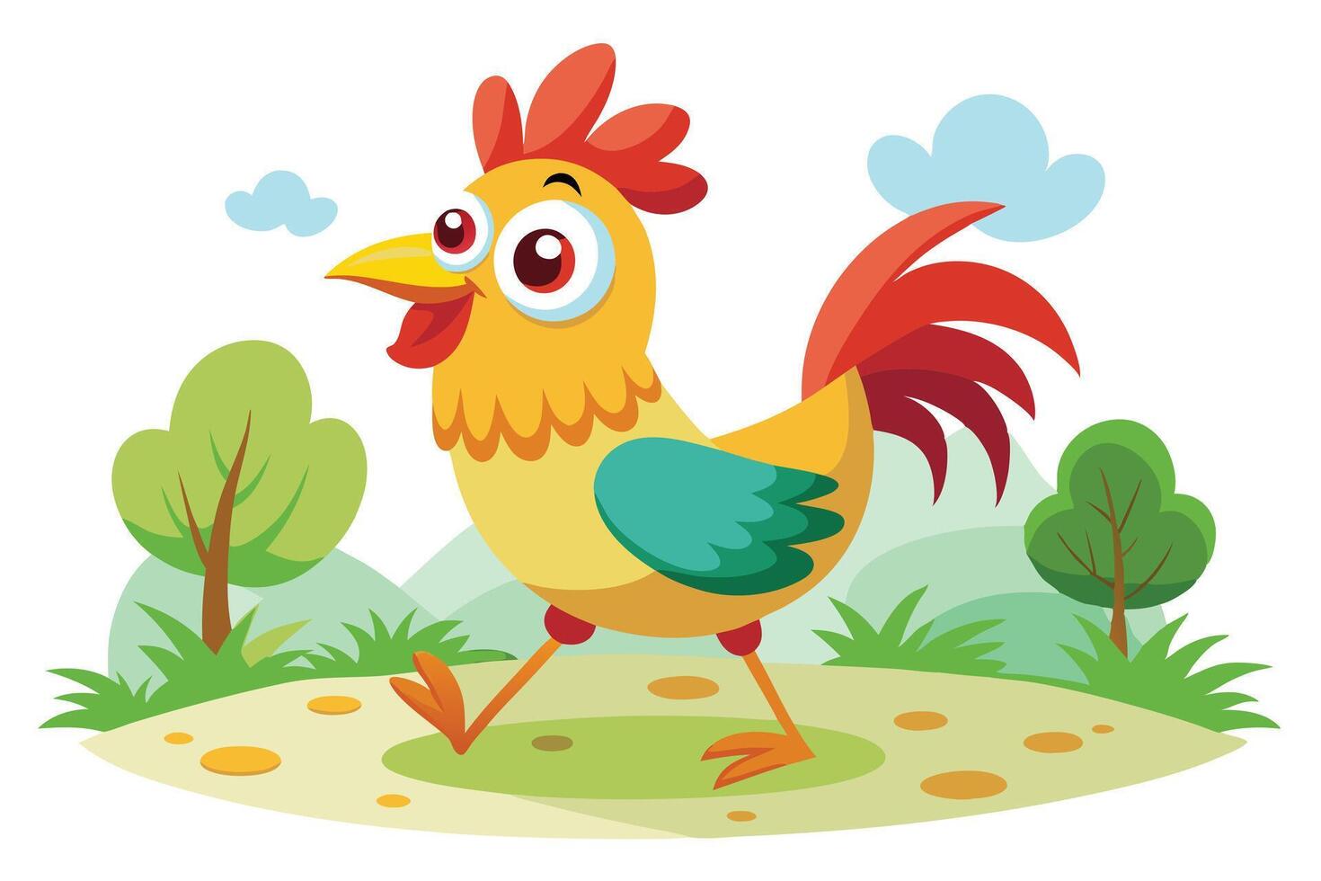 Cartoon Rooster Walking Outdoors With Trees, Yellow Body And Red Tail Feathers vector