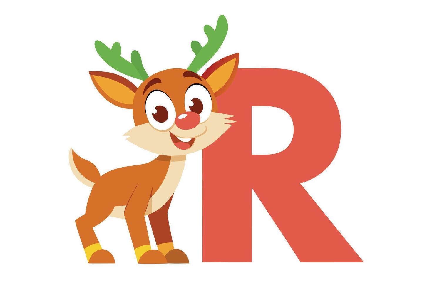 Cute Cartoon Reindeer Character Standing Next to Letter R on White Background vector
