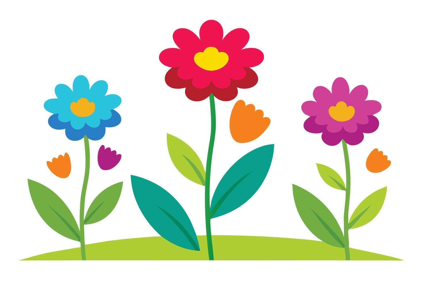 Three colorful flowers with stems and leaves on white vector