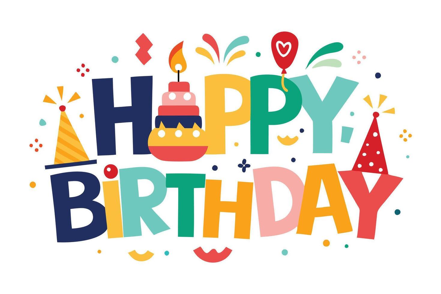 Birthday Celebration with Colorful Lettering Cake and Party Hats on White Background vector
