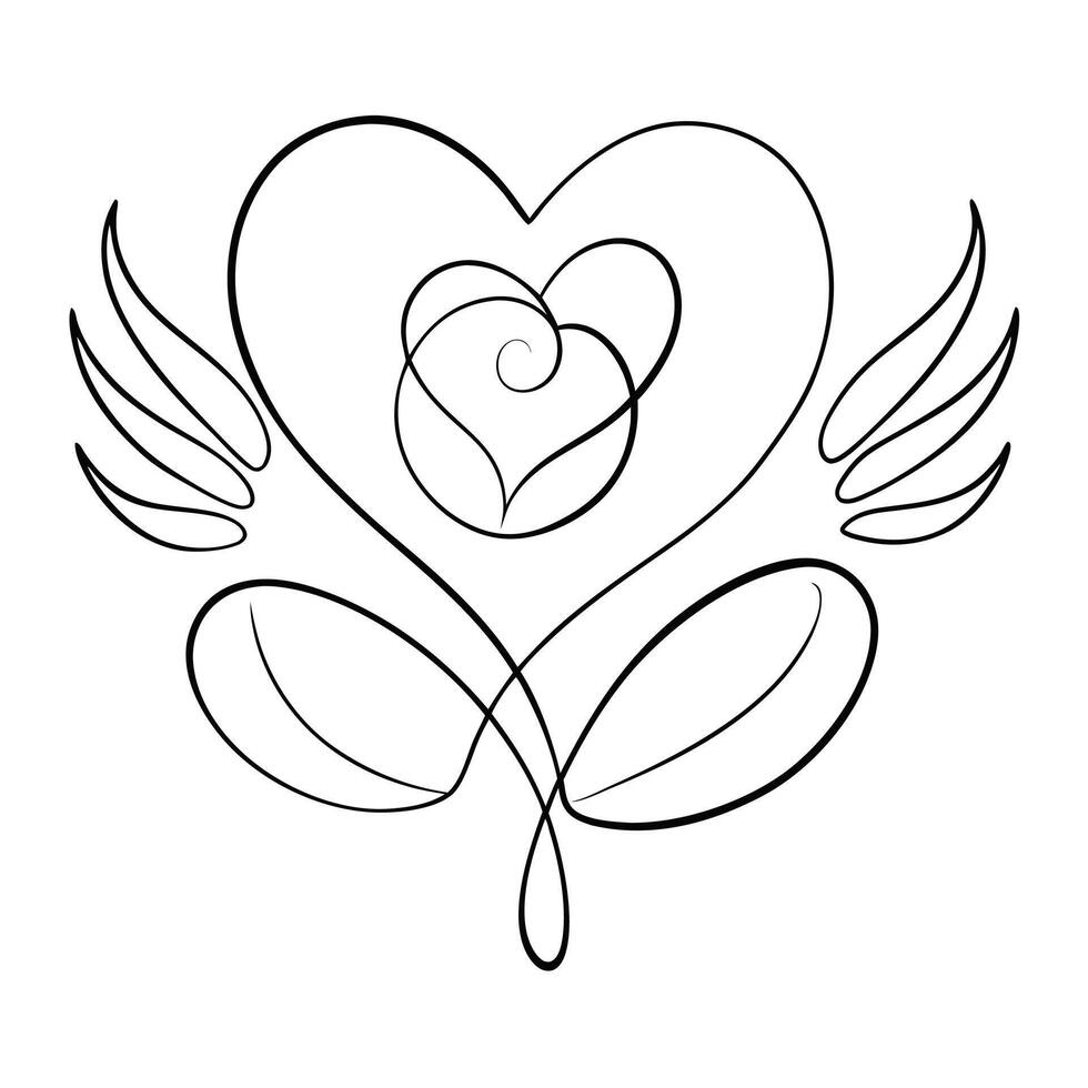 Elegant Flying Heart with Wings and Leaves Outline Style on Transparent Background vector