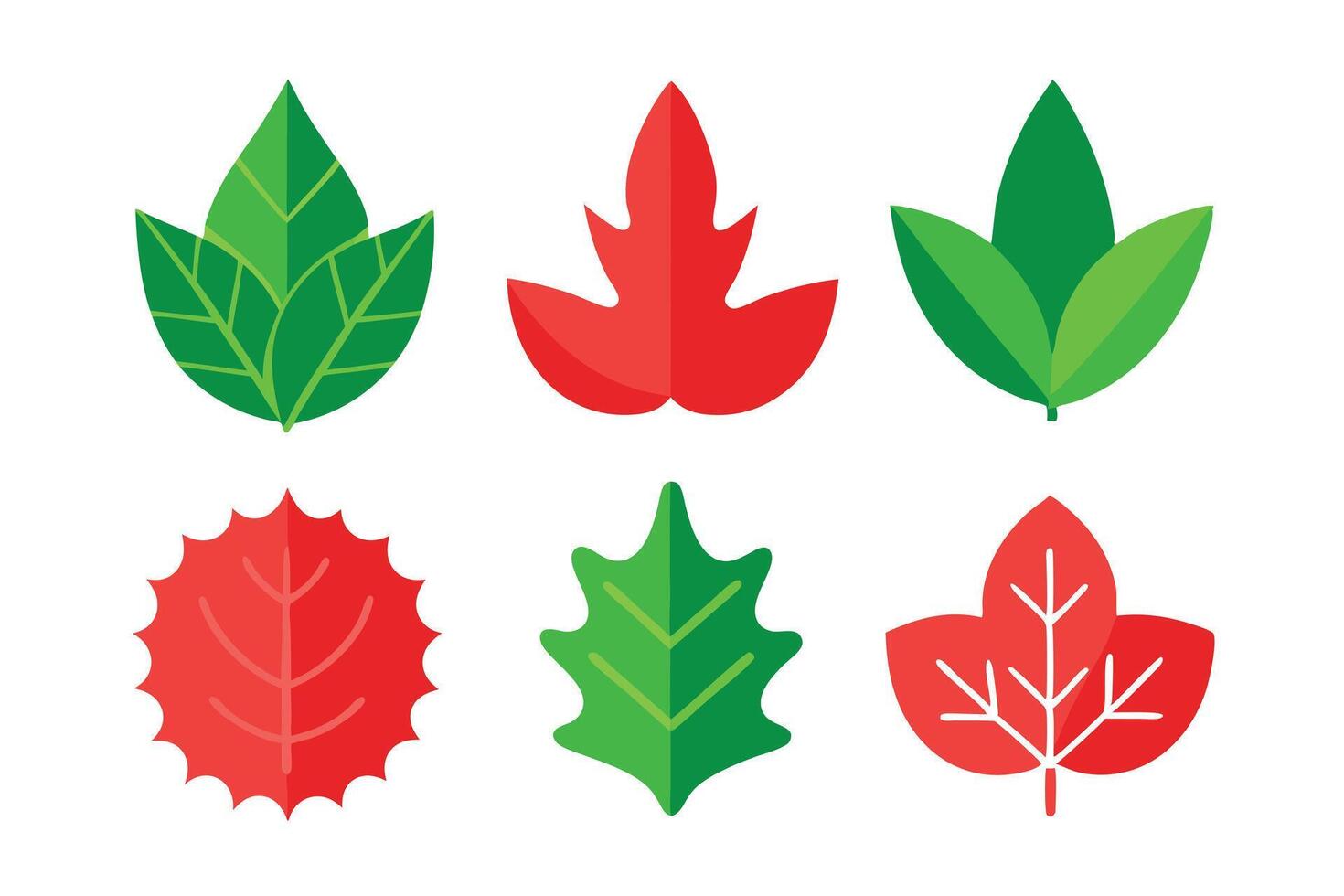 Six Flat Design Colorful Leaves, Green and Red Foliage on Transparent Background vector