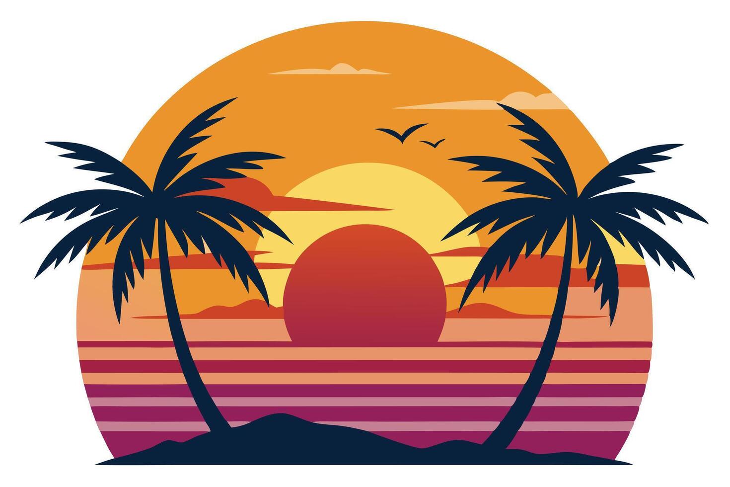 Retro Sunset Palm Trees Beach Illustration, Tropical Sunset Silhouette, Birds vector