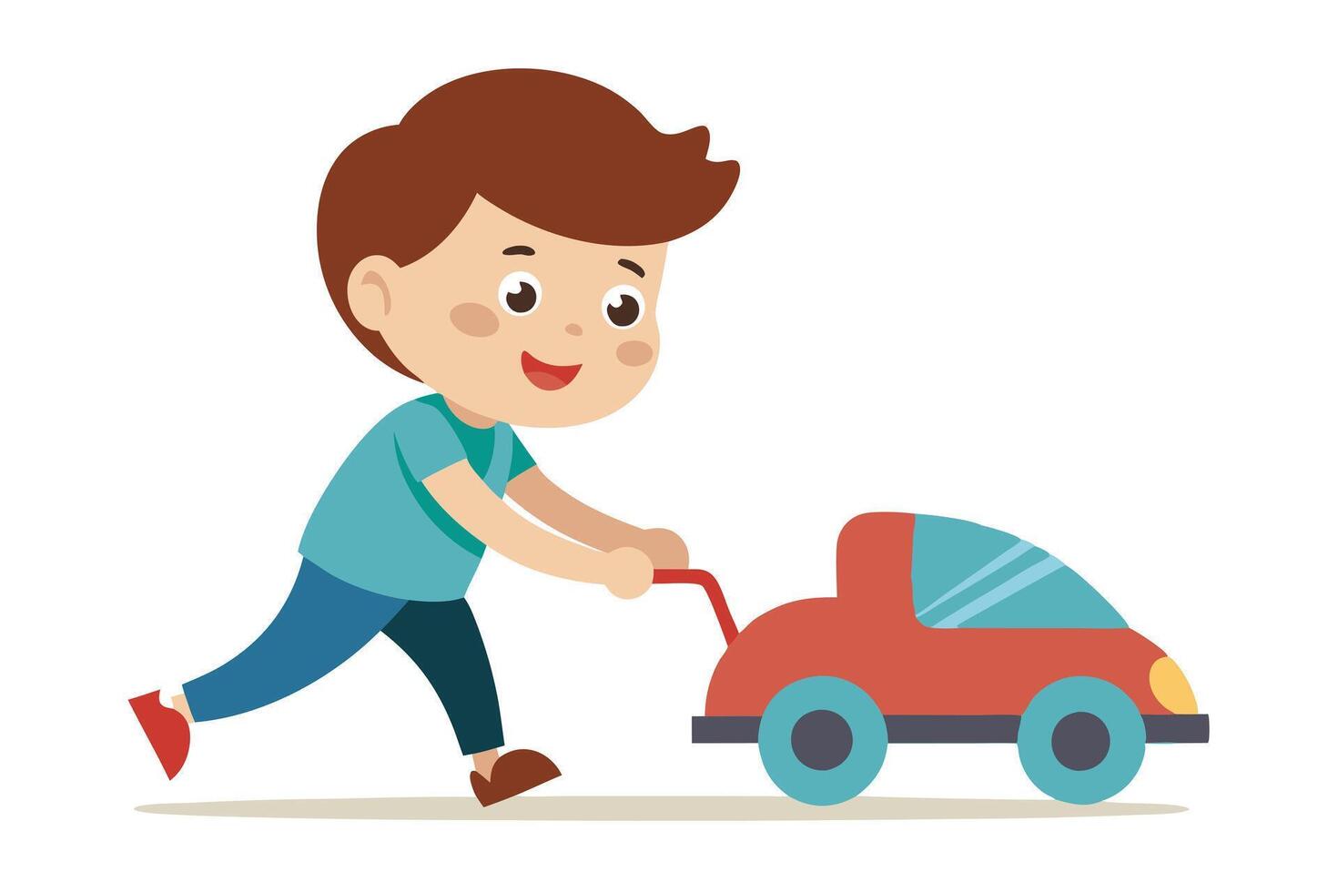 Cartoon Young Boy Pushing Red Toy Car on White Background Childlike vector