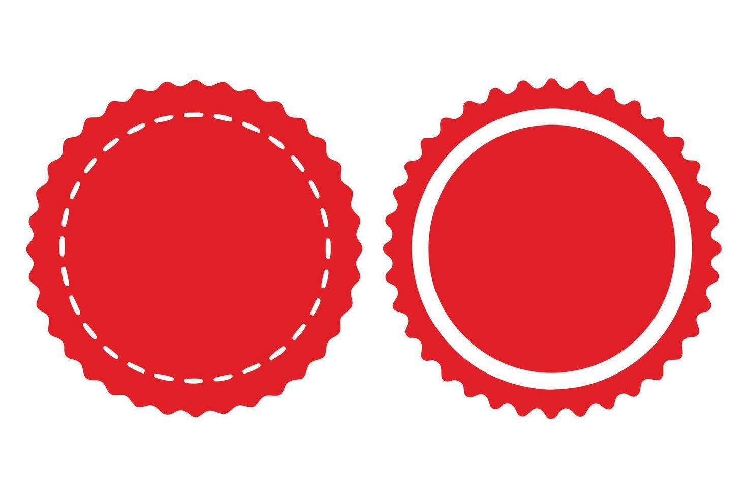 Two Red Circular Labels with Scalloped Edges and Dashed or Solid White Border vector