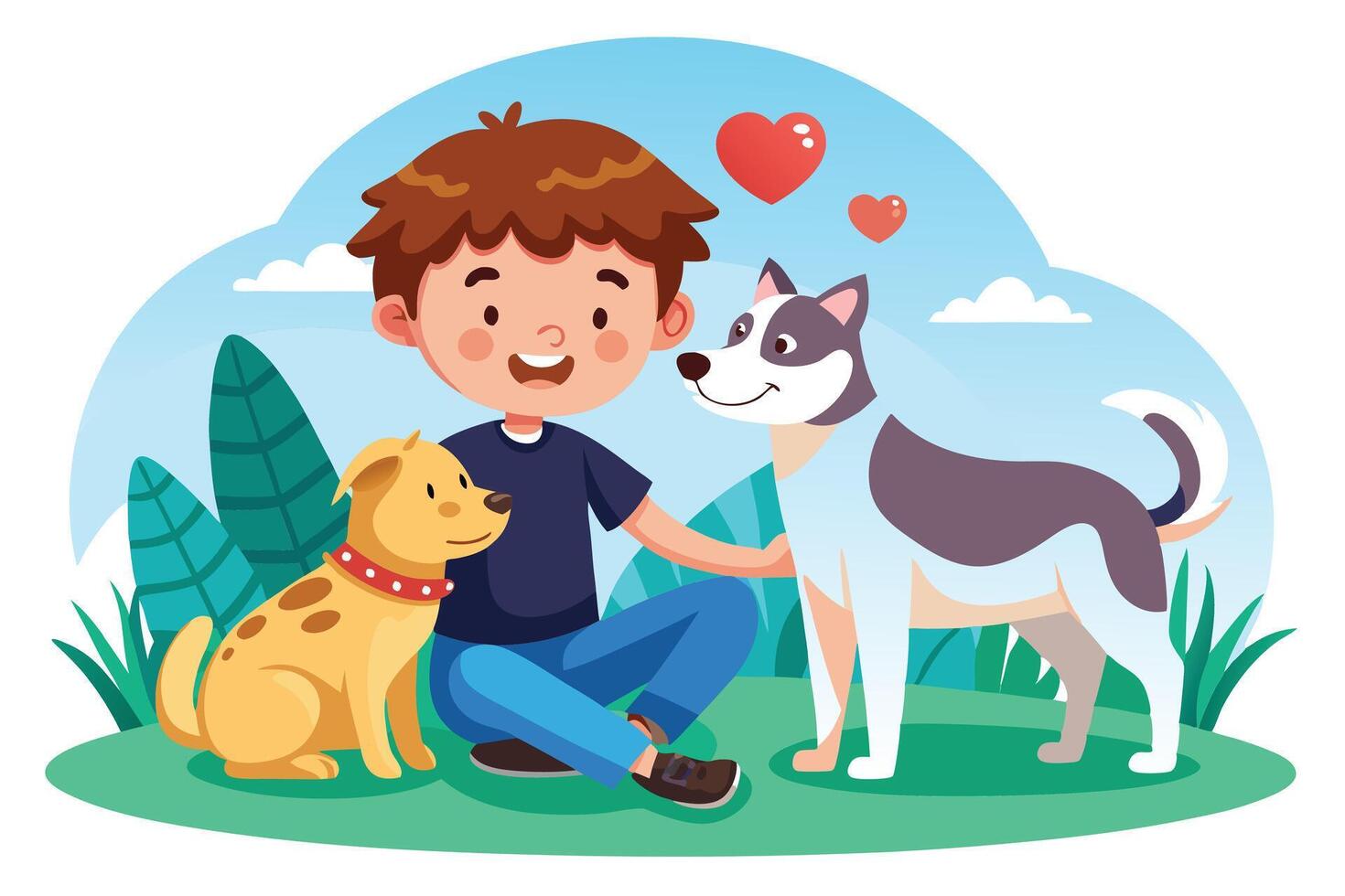Smiling Boy Cuddles Two Dogs Outdoor, Blue Sky, Red Hearts, Happy Cartoon Style vector