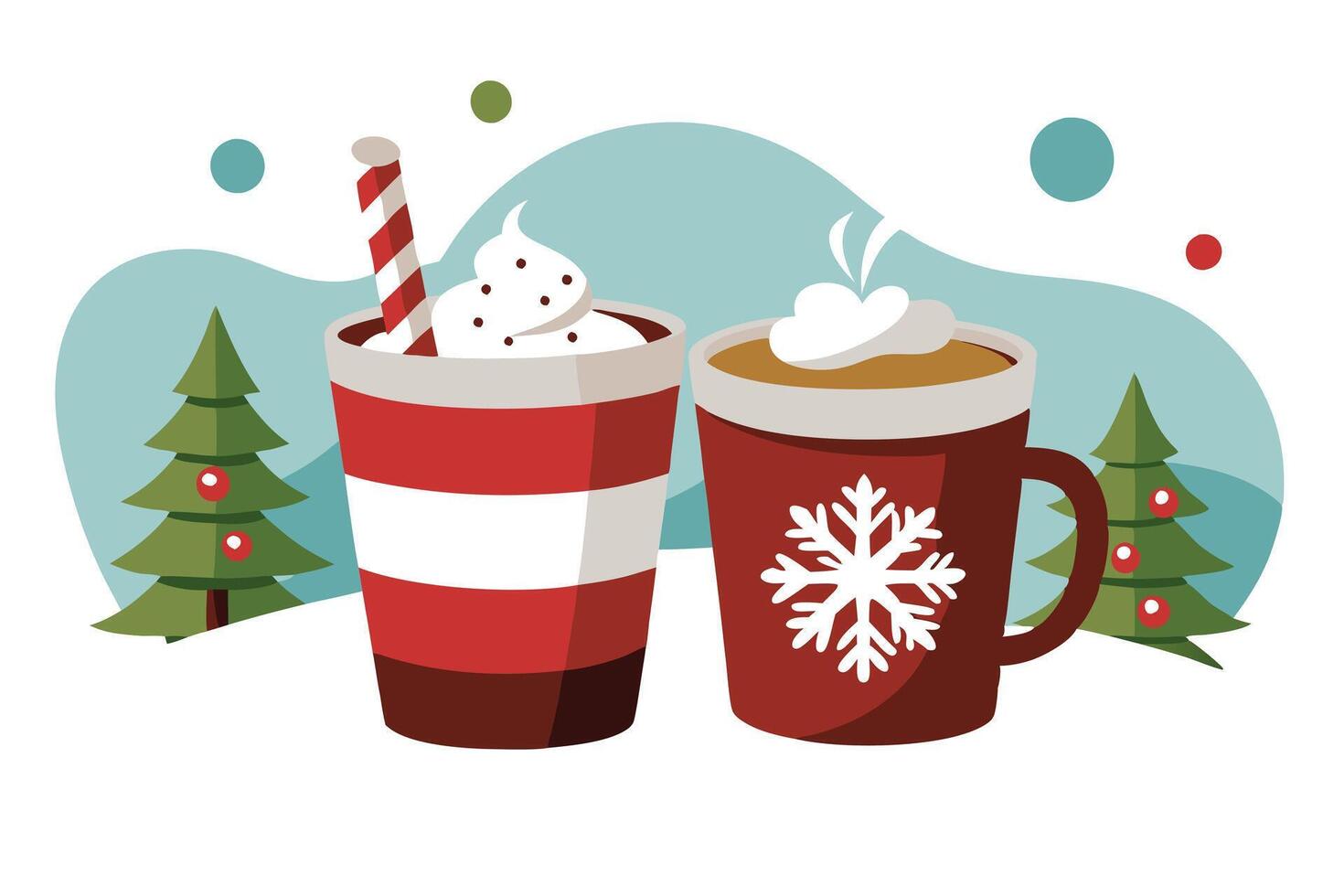 Whimsical Winter with Hot Chocolate, Candy Cane, and Decorated Christmas Trees vector