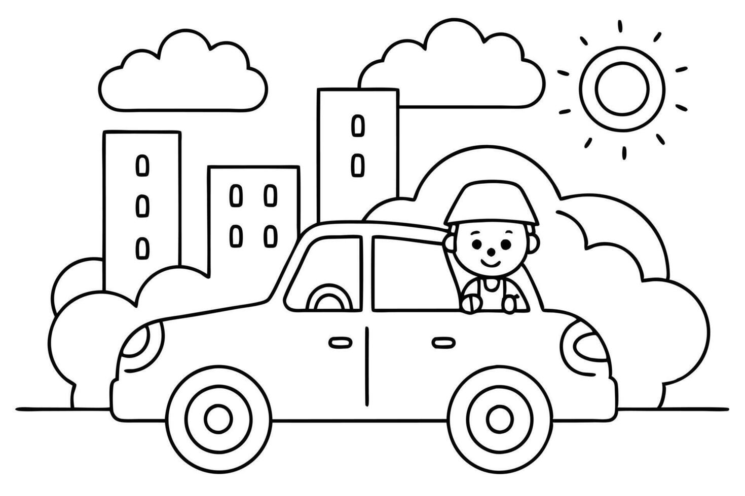 Line Art Cartoon Child Drives Car, Clouds, Buildings, Sun and Transparent Design vector
