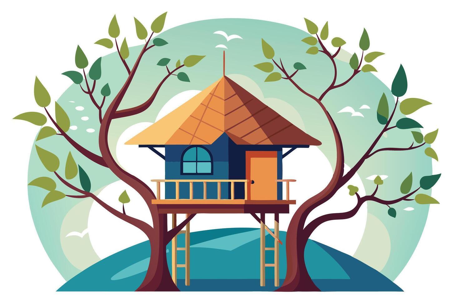 Stilt House in Woods, Cabin Elevated, Trees, Ladder, Simple Design vector