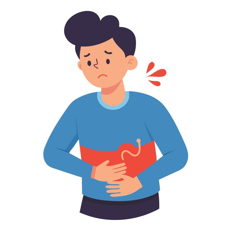 Sad Man Holding Stomach in Pain with Appendicitis on White Background vector