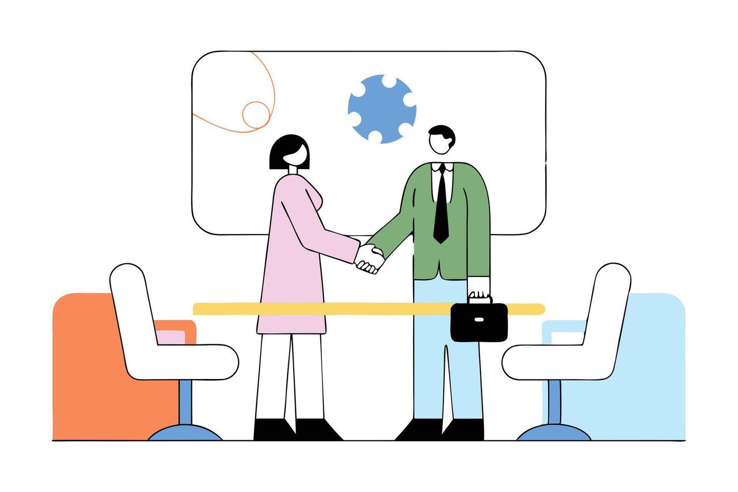 Business Meeting Illustration Man in Suit and Woman Shaking Hands, Flat Design vector