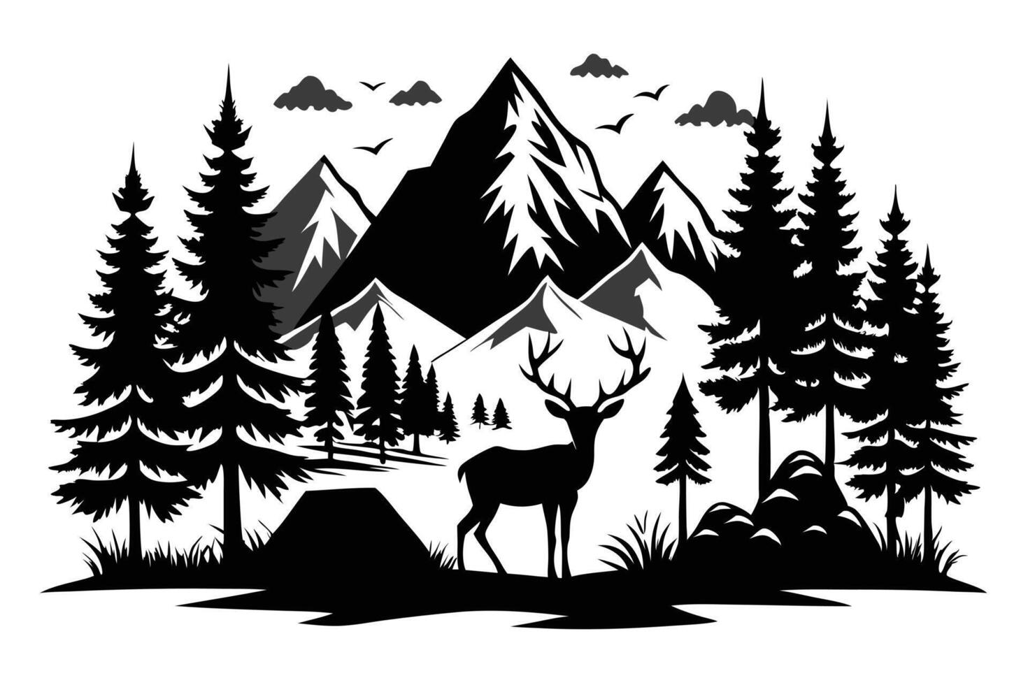 Silhouette Deer Landscape with Mountains, Forest, Trees, and Flying Birds Isolated vector