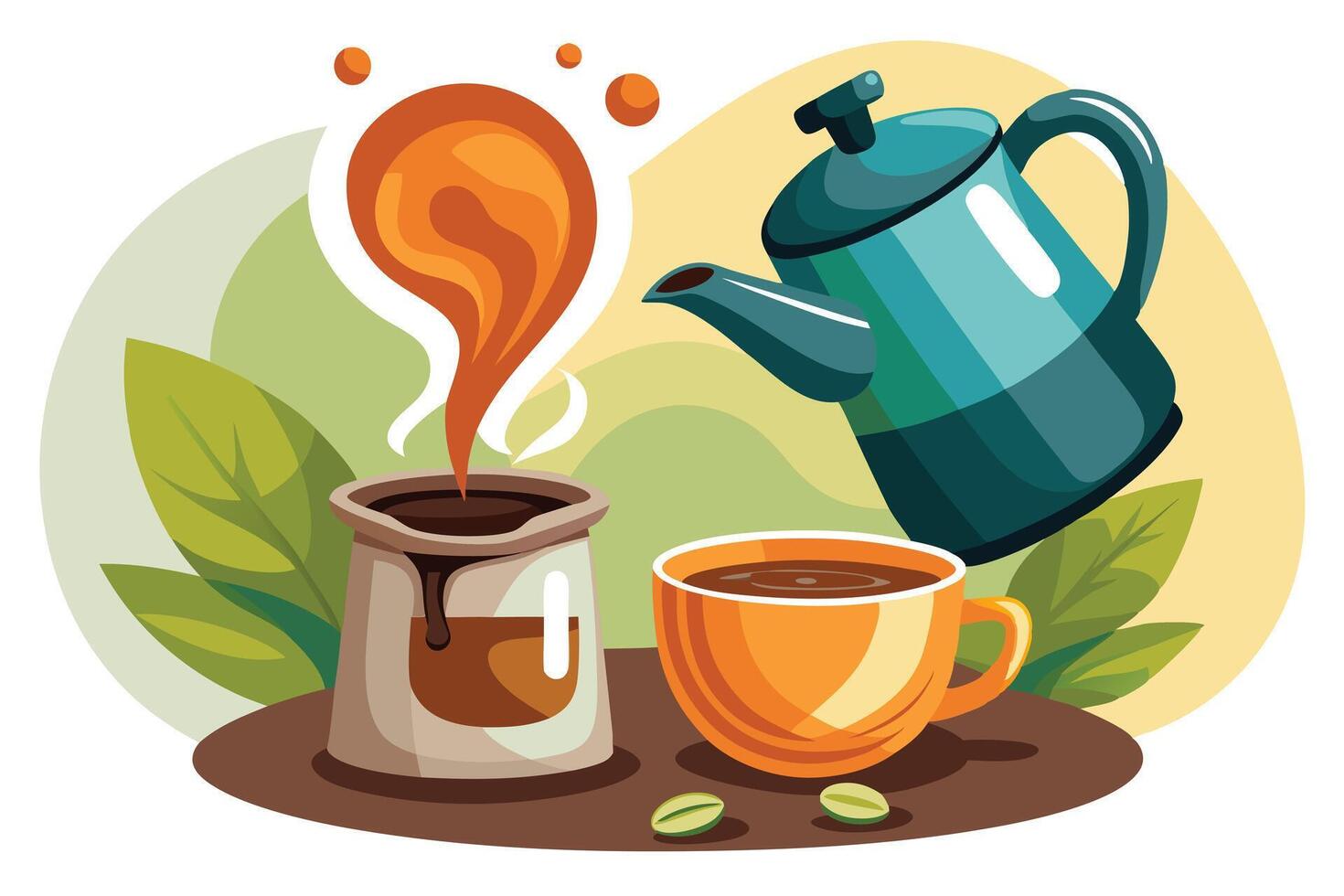 Coffee Pot Pouring into Mug with Steam and Beans Flat Style with Transparent Background vector