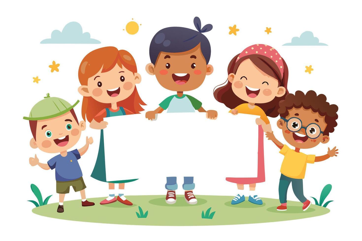 Smiling Diverse Cartoon Kids Holding a White Sign on Green Grass vector