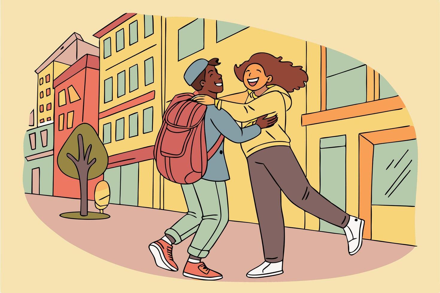 Embracing Students Diverse Friends Hugging Outdoor with Backpack and Urban Building vector