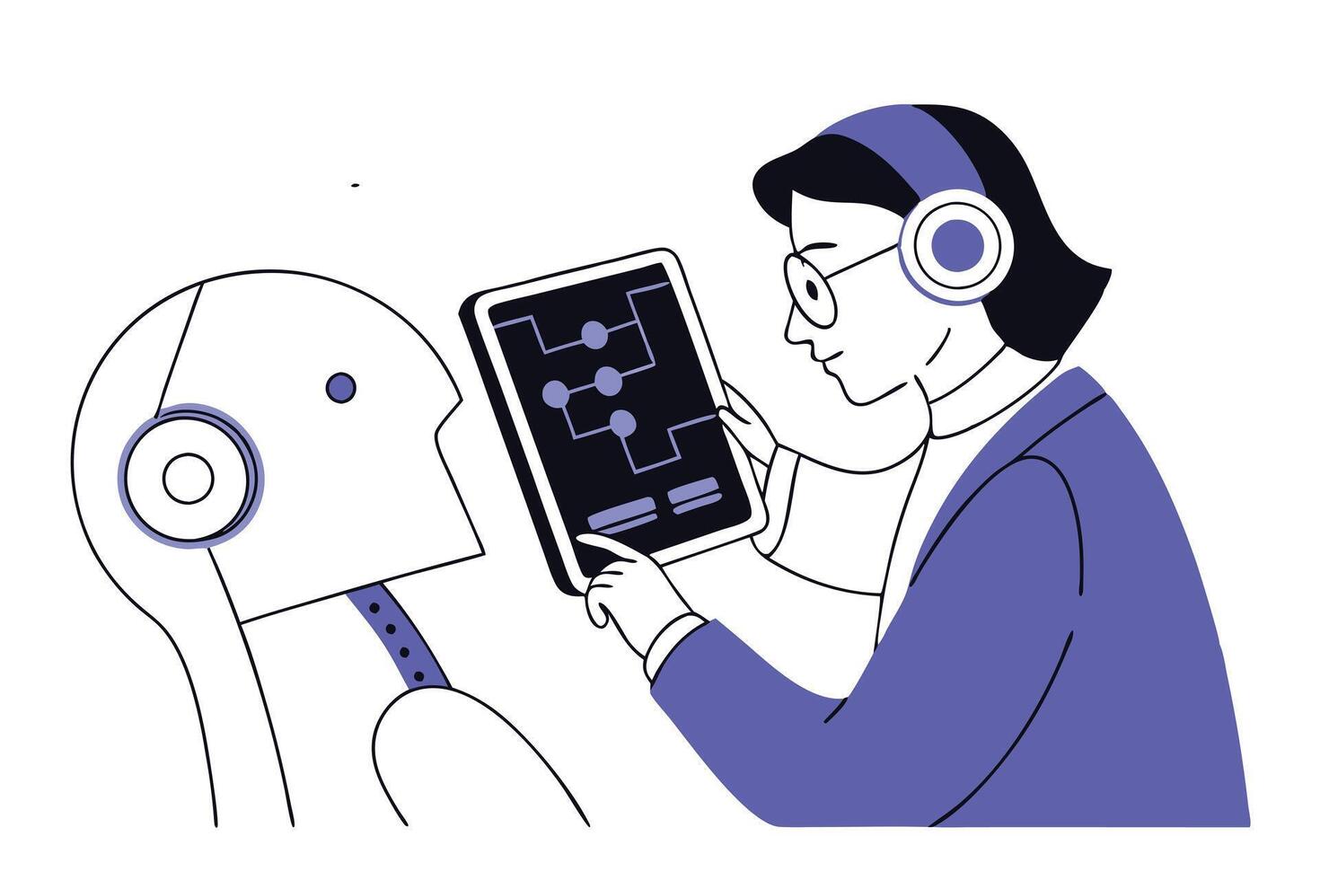 Woman with Tablet Interacting with Robot on White Background Minimalist Design vector