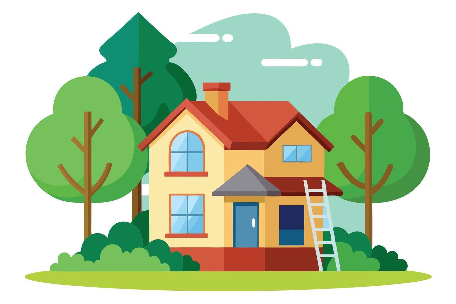 of Two Story House with Trees and Ladder on White Background vector