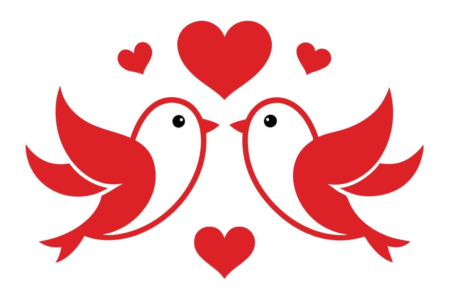 Two Red Love Birds Touching Beaks Surrounded by Hearts on White Background vector