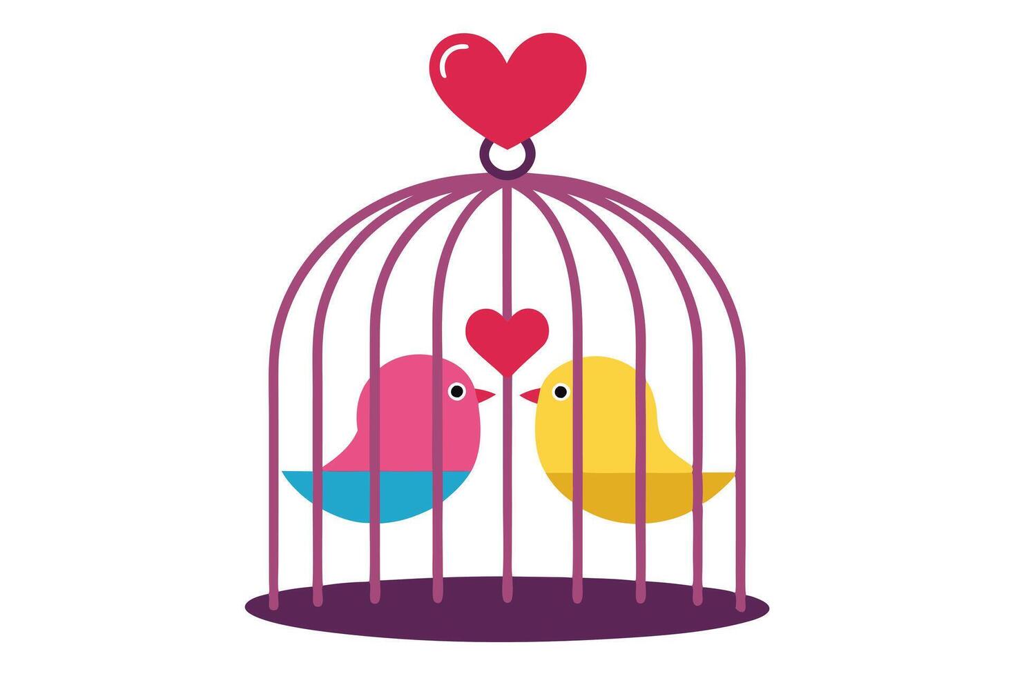 Birds in Cage with Heart Shape Accents Pink and Yellow Bird Cartoon Clip Art Isolated vector