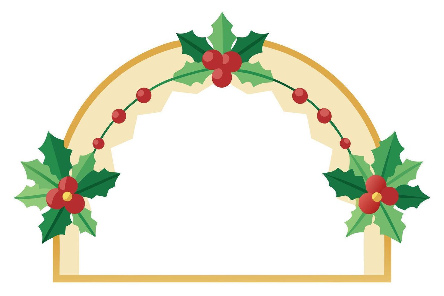 Festive Holly Design with Red Berries and Golden Border on White Background vector
