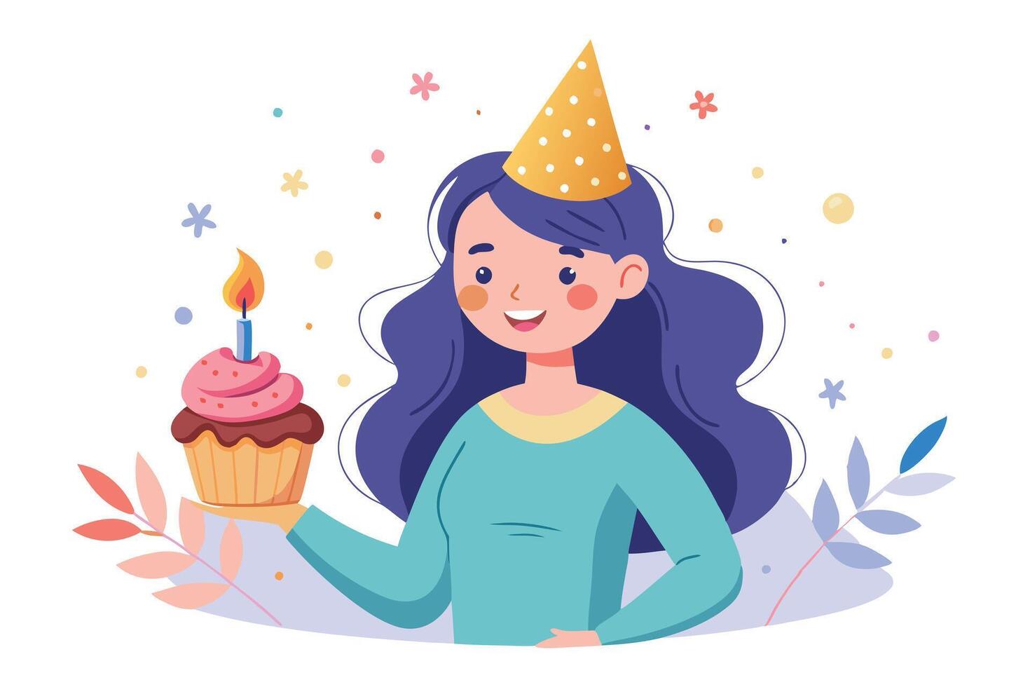 Smiling Woman with Party Hat Holding Cupcake with Candle in Cartoon Style vector