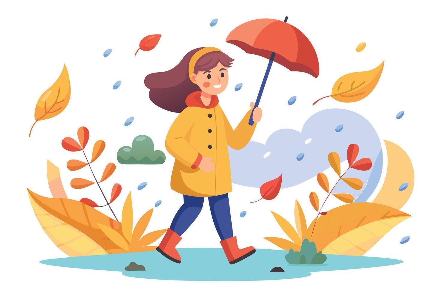 Cartoon Woman with Red Umbrella Walking in Autumn Leaves and Rain on White Background vector