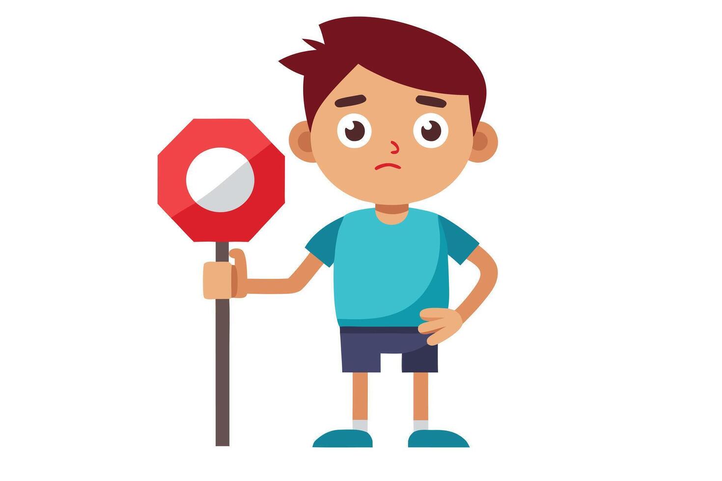 Cartoon Boy with Stop Sign on a White Background Holds Stick with Serious Face vector