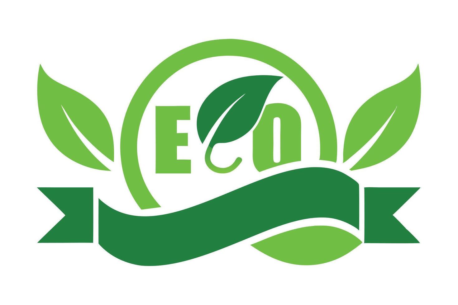Green ECO Text Design With Ribbon, Circle and Leaves on White Background vector