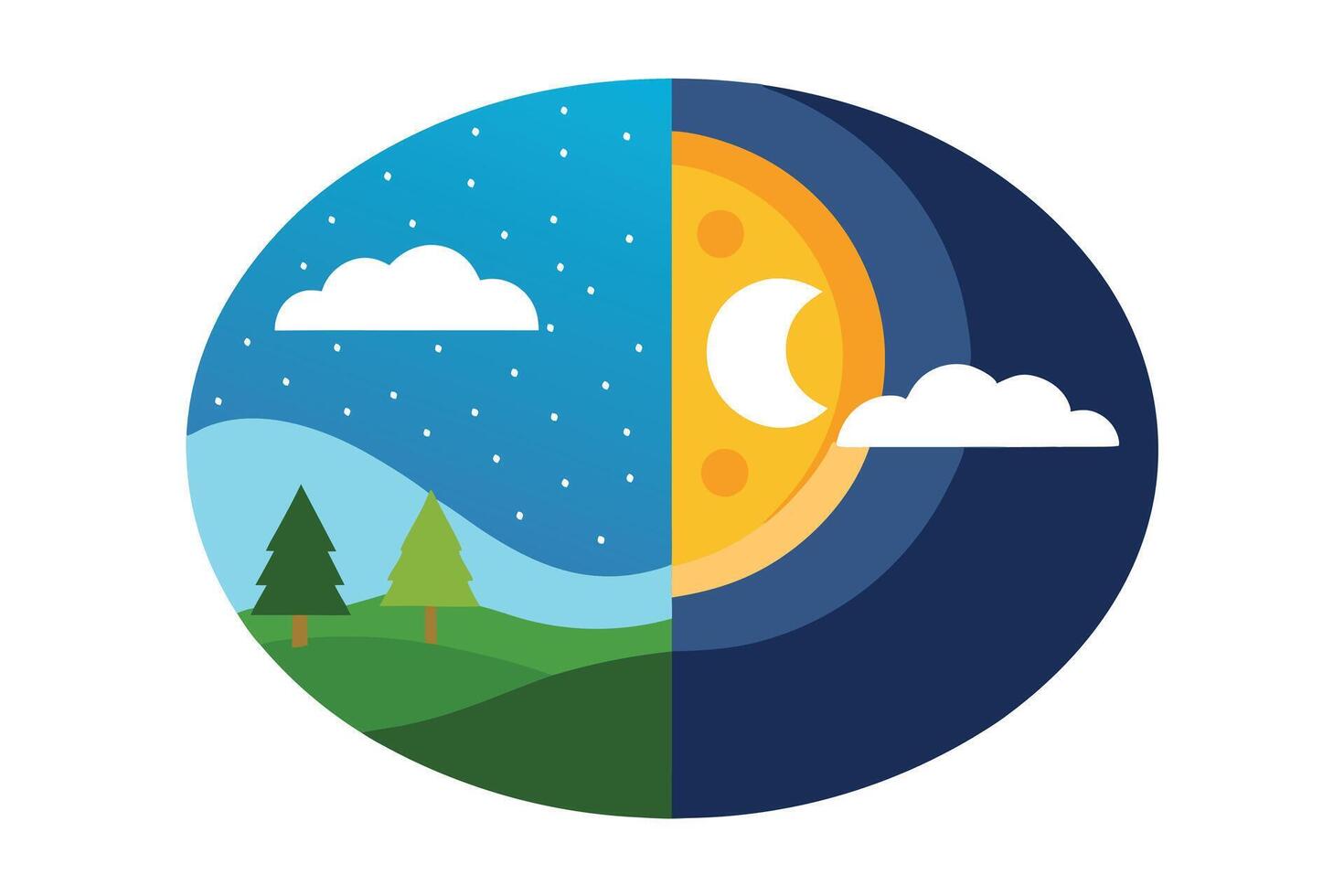 Day and Night Flat Illustration, Moon Phases, Sky, Clouds, Trees, Landscape vector