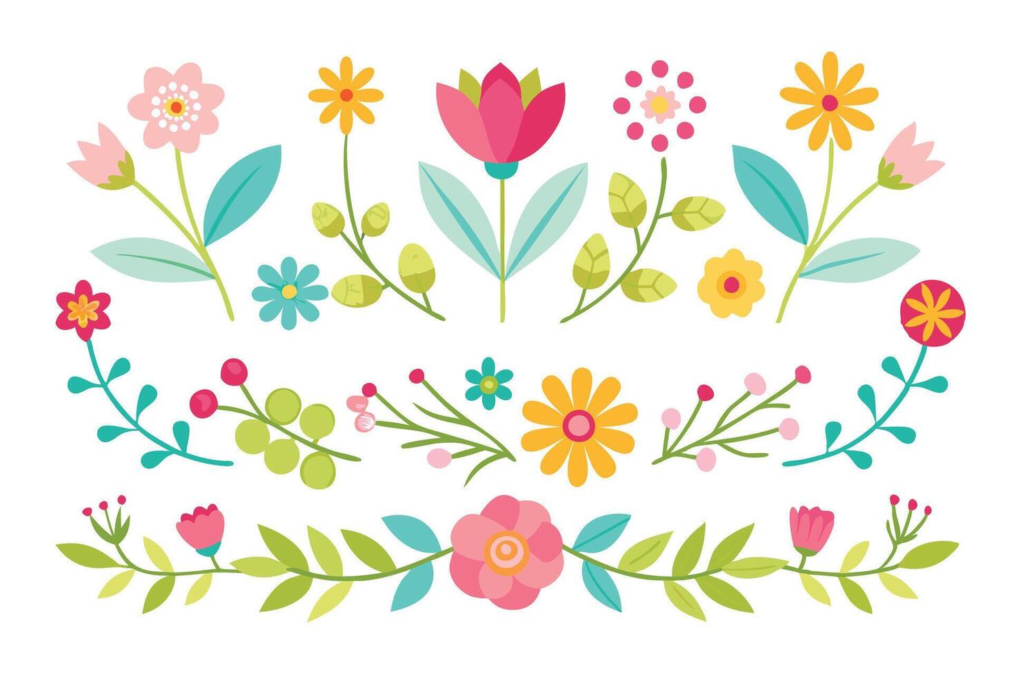 Cartoon Flowers and Floral Elements on White Background, Cute and Playful Design vector