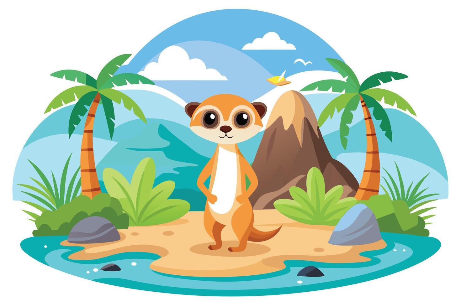 Cartoon Meerkat Standing on Beach with Palm Trees and Mountain Landscape vector