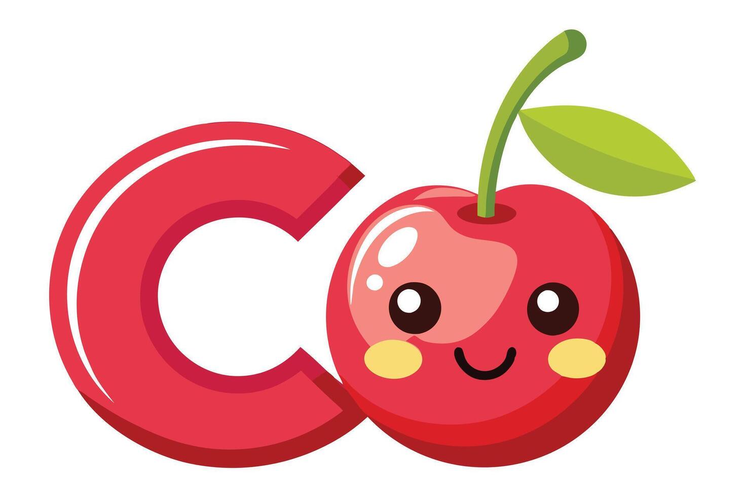 Red 'C' Letter with Cartoon Cherry Character, Smile, Eyes on White Background vector
