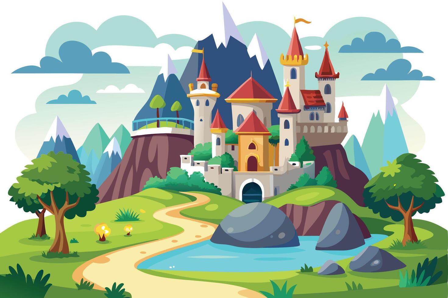 Fairytale Castle on Hill, Cartoon Style with Water, Rocks and Mountains vector