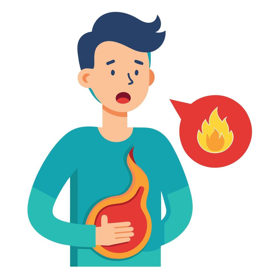 Young Man with Burning Chest Feeling Fire, Cartoon on White Background vector